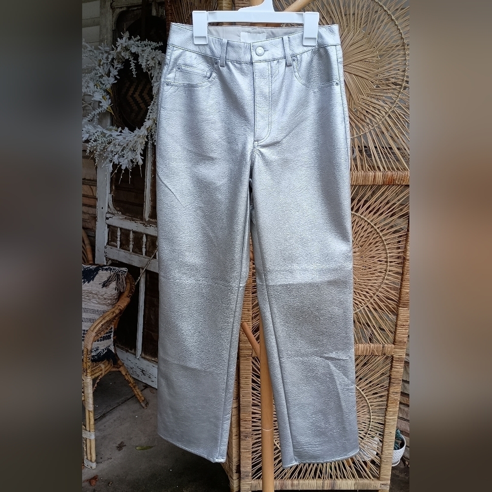 NWT H&M Vegan Faux Leather Metallic Silver Pants_4